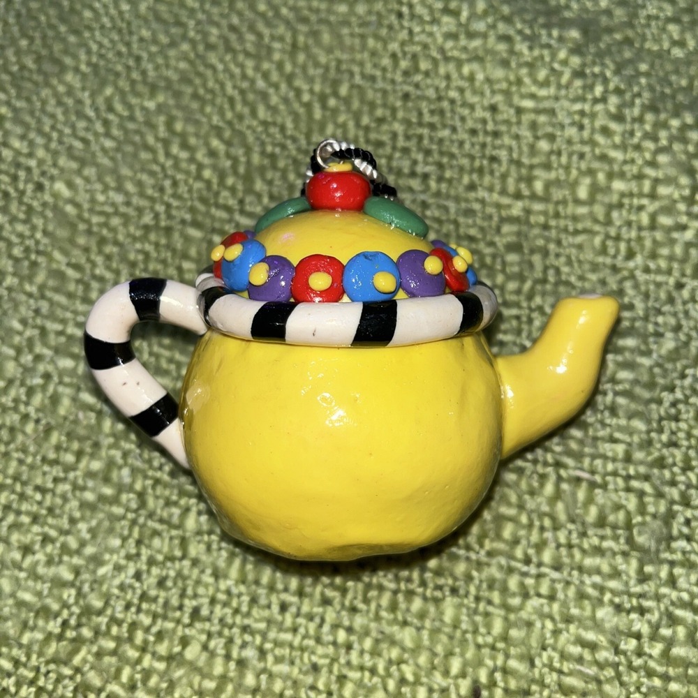 Mary Engelbreit Teapot Ornament Yellow & Multicolor Stamped ME 3" Ribbon Hanger